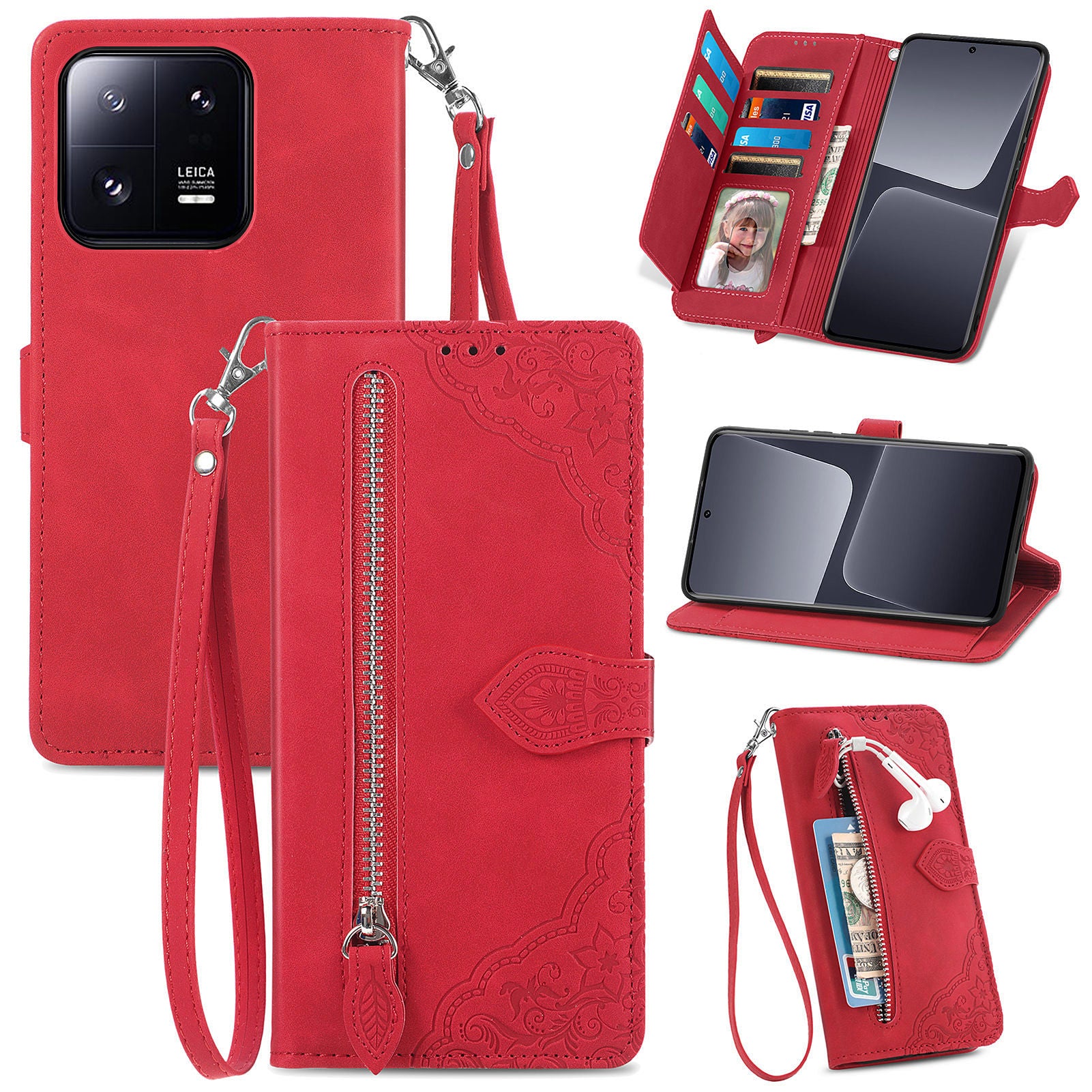 Zipper Pocket Phone Cover For Xiaomi 13 Pro 5G Flower Imprinted Pattern Stand Flip Leather Wallet Anti-scratch Phone Case Zipper Pocket Phone Cover For Xiaomi 13 Pro 5G Flower Imprinted Pattern Stand Flip Leather Wallet Anti-scratch Phone Case